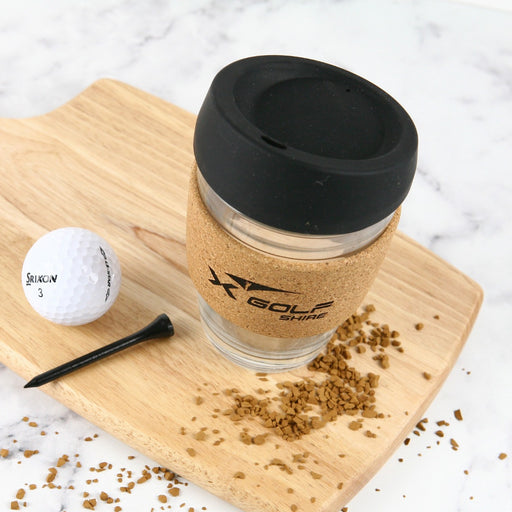 Company Logo Engraved Promotional Black Lid Cork Band Reusable Glass Coffee Keep Cup