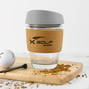 Engraved Promotional Logo Cork Band Reusable Glass Coffee Keep Cup Employee or Client Gift
