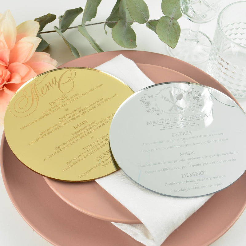 Engraved Round Mirror Acrylic Wedding Menus