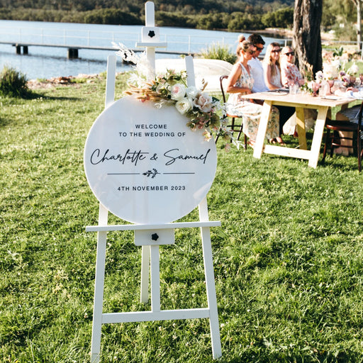 Black Printed Personalised Laser Cut White Acrylic Sign Round Wedding Welcome Sign
