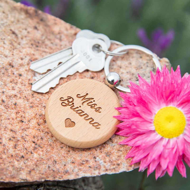 Customised Engraved Circle Timber Keyring Christmas Teacher's Present