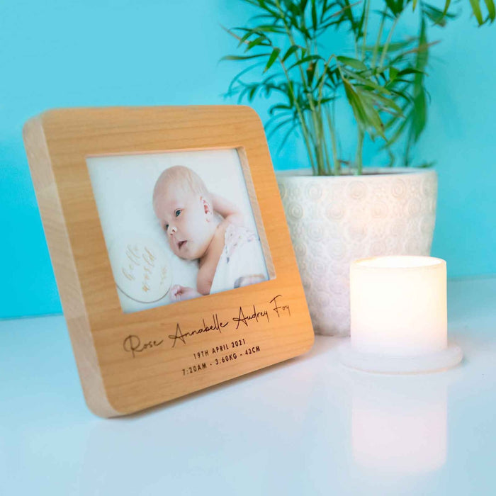 Custom Designed Engraved Wooden Rounded Edge Photo Weight Height Birthday Frame Birth Announcement