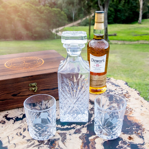 Customised Engraved Rustic Wooden Gift Boxed Decanter, Scotch Glasses and Whiskey Stone Set Father's Day Gift