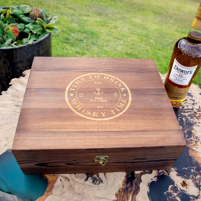 Custom Engraved Rustic Wooden Gift Boxed Decanter, Scotch Glasses and Whiskey Stone Set Christmas Gift