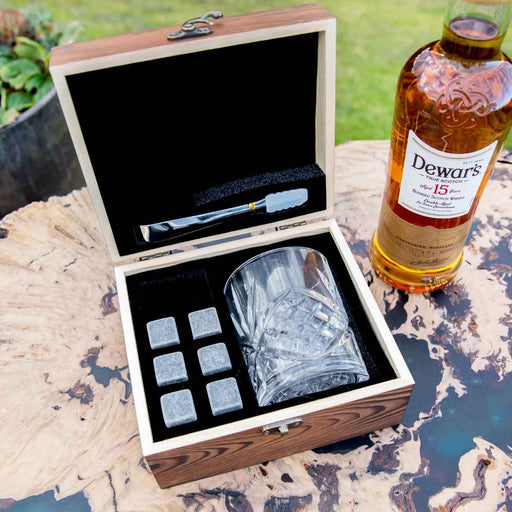 Personalised Engraved  Rustic Wooden Gift Boxed Scotch Glass and Whiskey Stone Set