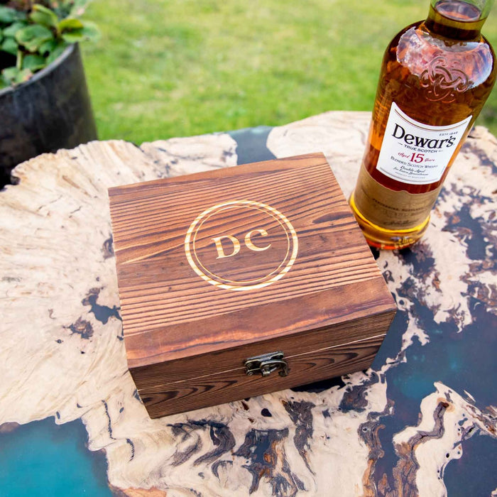 Customisable Engraved Rustic Wooden Gift Boxed Scotch Glass and Whiskey Stone Set Birthday Present