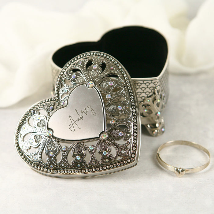 Custom Designed Engraved Silver Heart Jewellery Bridesmaids flower girl Keepsake Box
