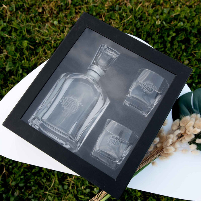 Custom Artwork Engraved Name Super Dad Gift Boxed Decanter & Scotch Glasses Set