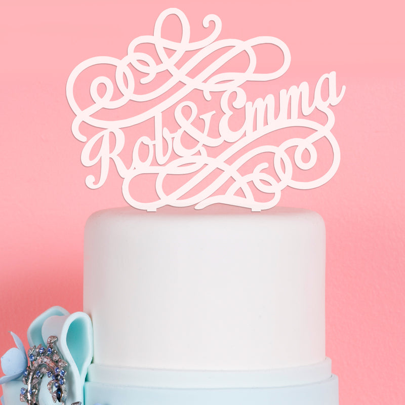 Personalised Laser Cut Frosted White Swirl Bride & Groom's names Acrylic Wedding Cake Topper