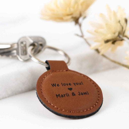 Personalised Engraved Mother's Day "We Love you" Round Tan Leatherette Keyring Present
