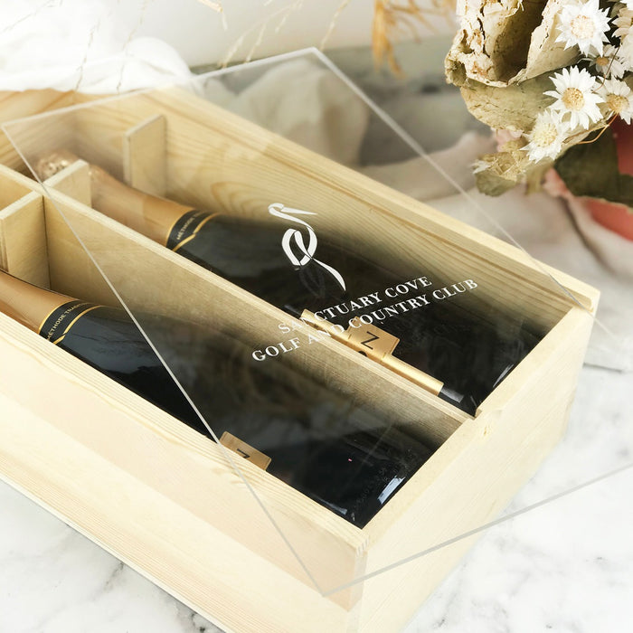 Engraved Company Logo on Acrylic Lid Twin Wine or Champagne Box Employee or Client Gift