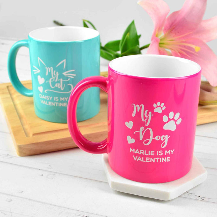 Personalised Engraved Aqua and Pink Pet lover Valentine's Day Coffee Mugs Present