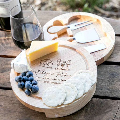 Personalised Engraved Valentine's Day Round Wooden Cheese Board with Cheese Knife Set