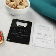 Customised Engraved White and Black Credit Card Bottle Opener Wedding Favours