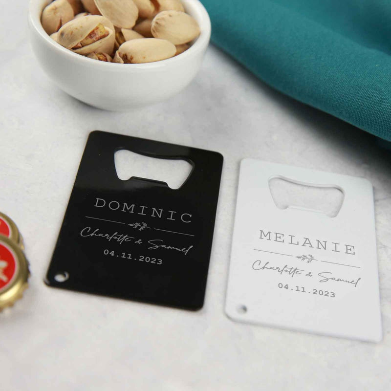 Customised Engraved White and Black Credit Card Bottle Opener Wedding Favours