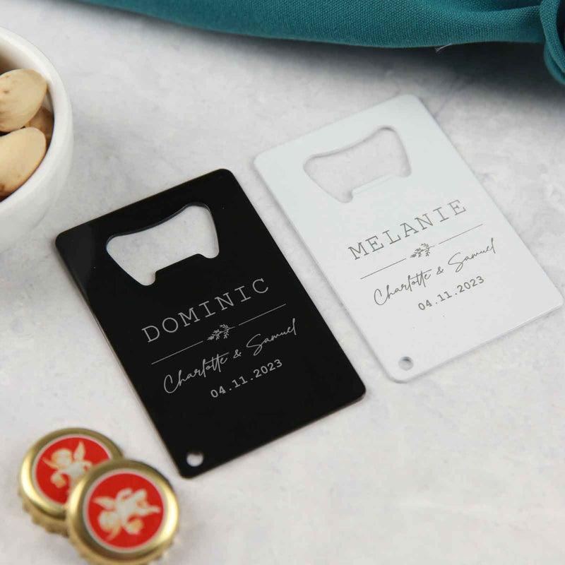 Custom Designed Engraved White and Black Credit Card Bottle Opener Wedding Reception Bomboniere