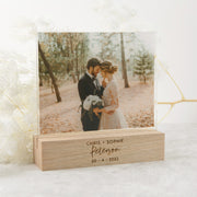 Personalised Engraved Acrylic Wedding Photo Print with Engraved Wooden Base Present