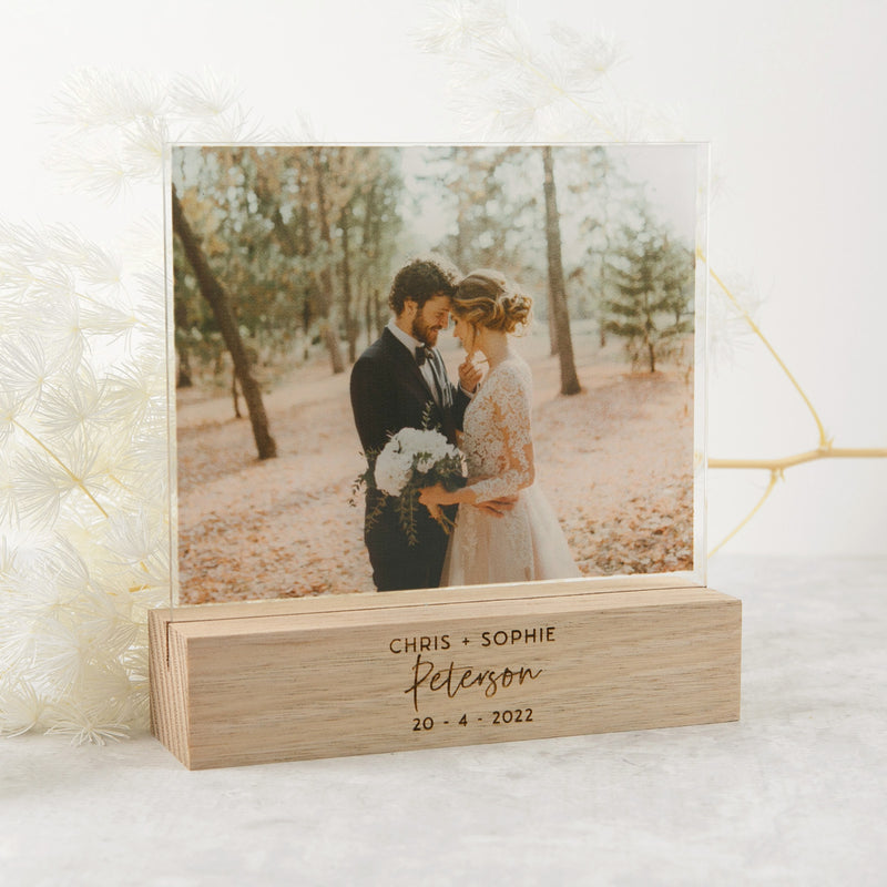 Personalised Engraved Acrylic Wedding Photo Print with Engraved Wooden Base Present