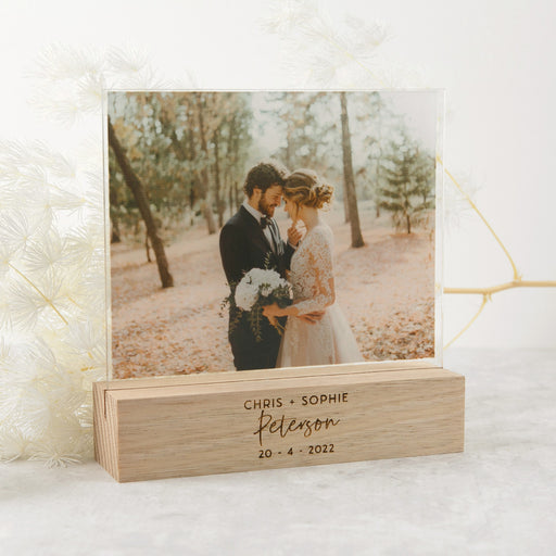 Personalised Engraved Acrylic Wedding Photo Print with Engraved Wooden Base Present