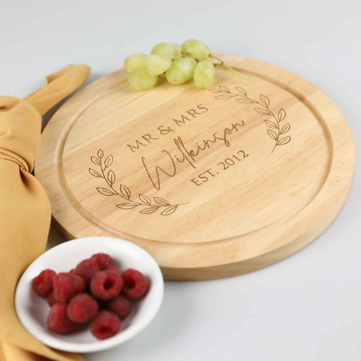 Customised Engraved Bride & Groom Round Wedding Wooden Cheese Board Gift