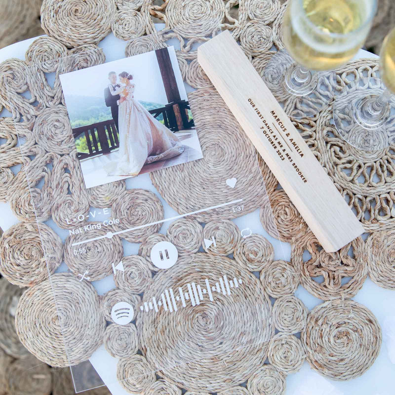 Printed A4 Acrylic Wedding Spotify Song Code Plaque with Engraved Wooden Base