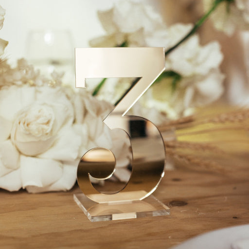 Laser Cut Mirror Gold Number 3 Wedding Table Number With Square Clear Base