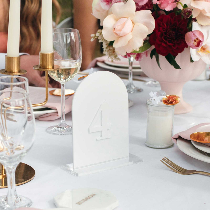 Laser Cut White Acrylic Wedding Table number on White Acrylic Arch and Clear Base