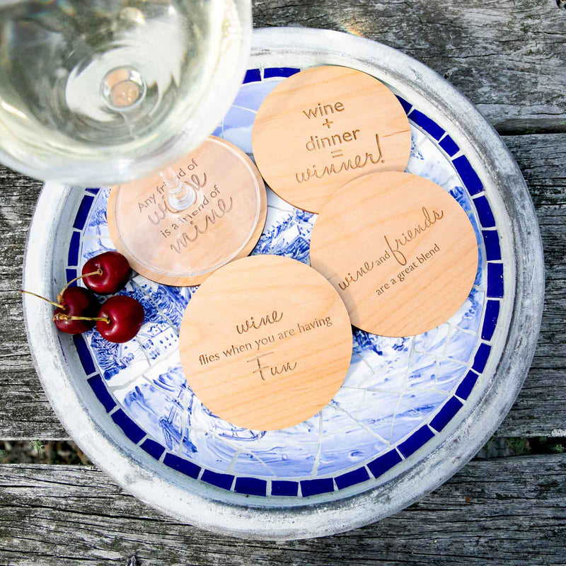 Personalised wooden wine coaster set, birthday gift