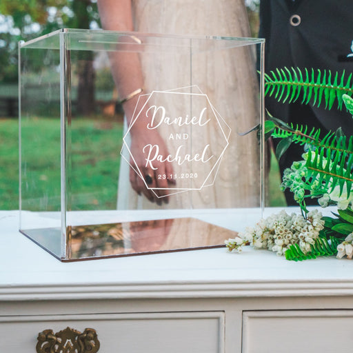 Personalised engraved clear acrylic wedding wish well and card box
