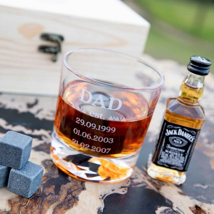 Custom Engraved name Father's Day Round Scotch Glass and Whiskey Stone Set