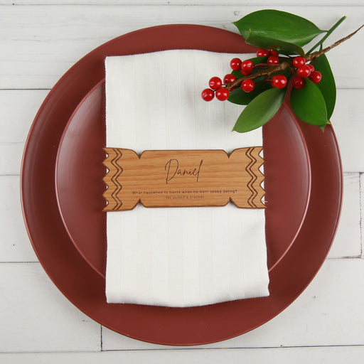 Personalised Engraved Wooden Christmas Cracker Place card with  Customised Joke Present