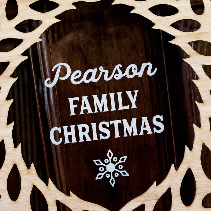 Custom Designed Laser Cut & Engraved Wooden Christmas Wreath with Engraved Clear Acrylic Backing