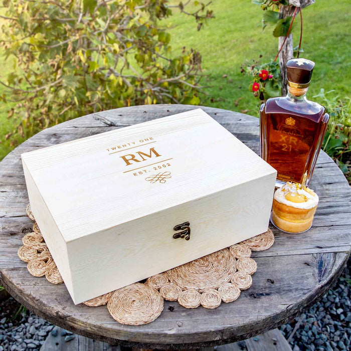 Custom Designed Engraved 21st Birthday Round Decanter and Scotch Glasses with Whiskey Stones and Wooden Box