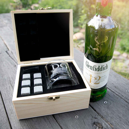 Personalised Engraved Birthday Wooden Gift Boxed Scotch Glass and Whiskey Stone Set Present
