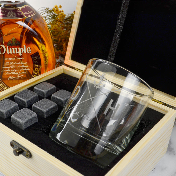 Customised Wooden Gift Boxed Scotch Glass and Whiskey Stone Set Housewarming Gift