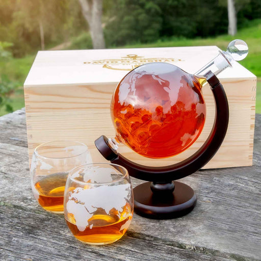 Personalised Engraved Wooden Gift Boxed Etched Globe Decanter & Whiskey Glasses