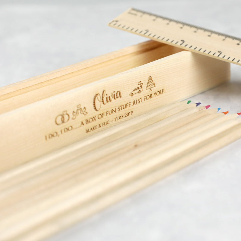 Personalised Engraved Flower girl or Paige Boy "i do, i do... A Box of Fun Stuff Just for You" Wooden Pencil Box for Kids Wedding Present