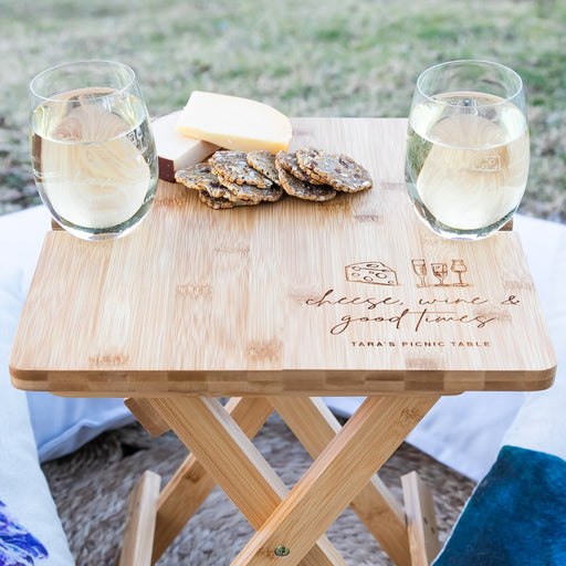 Customised Engraved Birthday Bamboo Picnic Table with Engraved Wine Glasses Gift