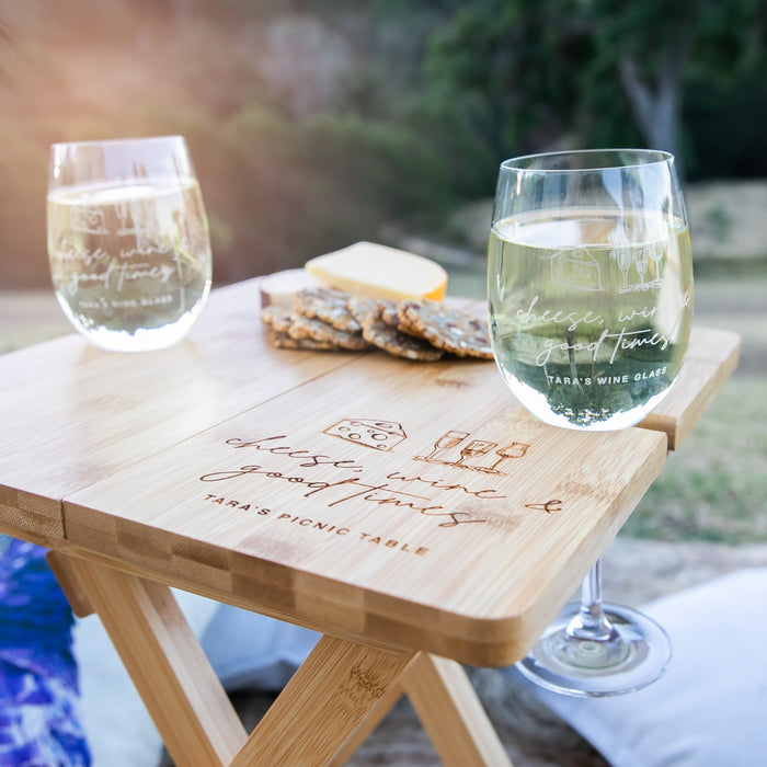 Custom Artwork Engraved Bamboo Picnic Table with Engraved Birthday Twin Wine Glasses Gift