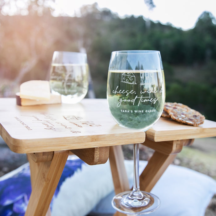 Custom Artwork Engraved Birthday Wine Glasses and Bamboo Picnic Table Present