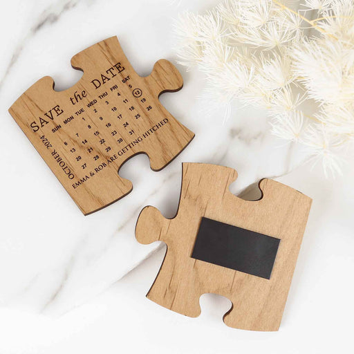 Personalised Engraved Wooden Save the Dates Puzzle pieces with keyring