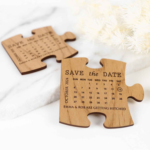 Customised Engraved Wooden Save the Dates Puzzle pieces