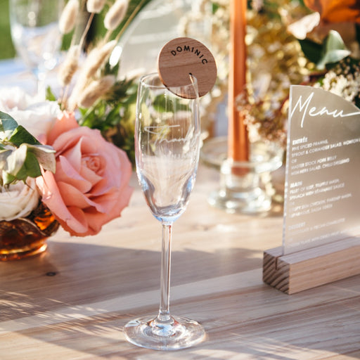 Customised Professionally Laser Cut & Engraved Wooden wedding Reception place Cards for Wine and Champagne Glasses