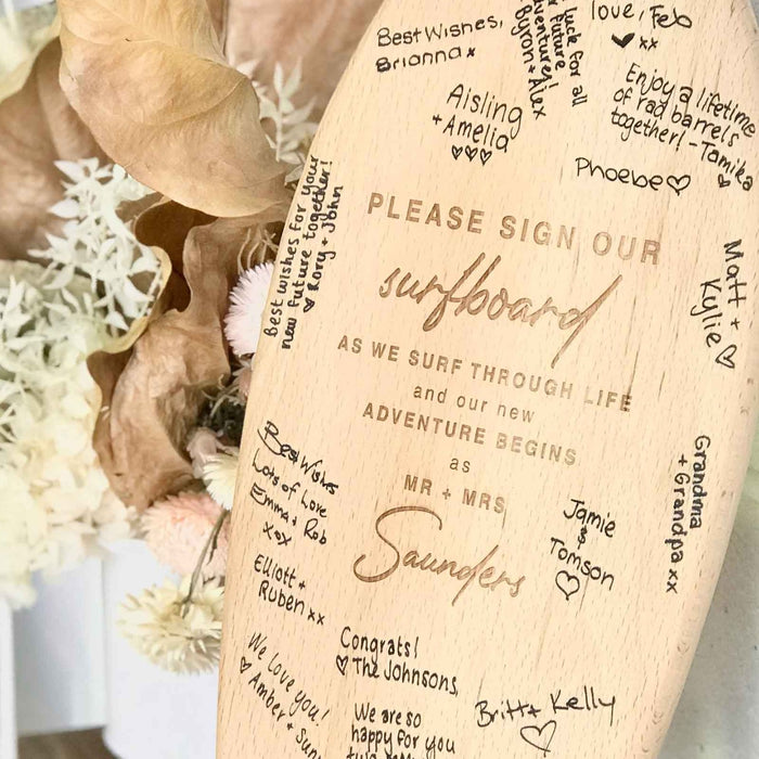 Custom Designed Engraved Wooden Surfboard "Please Sign our surfboard" Guest Book with Easel