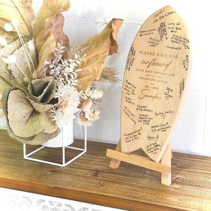 Customised Engraved Wooden Surfboard Guest Book with Easel