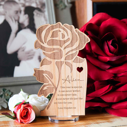 Personalised Engraved Wooden Rose on a Clear Acrylic Stand