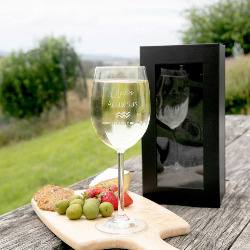 Custom Designed Engraved Aquarius Zodiac Sign Birthday Wine Glass Present